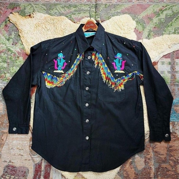 Vtg 1990s Southwest NAVAJO Beaded Fringe Embroidered CACTUS Black Shirt Sz S/M - Picture 1 of 7